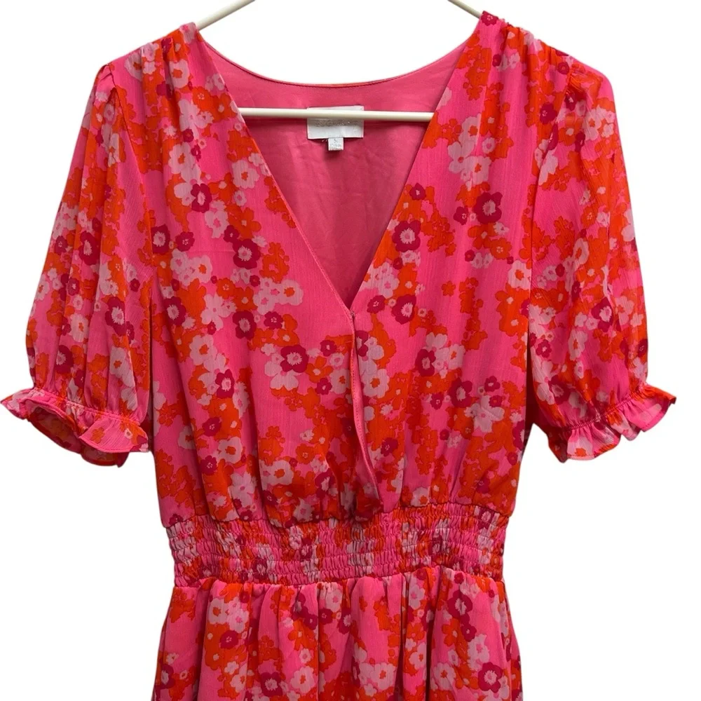 Sugarlips Hot Pink Floral Surplice Ruffle Dress - Picture 2 of 16